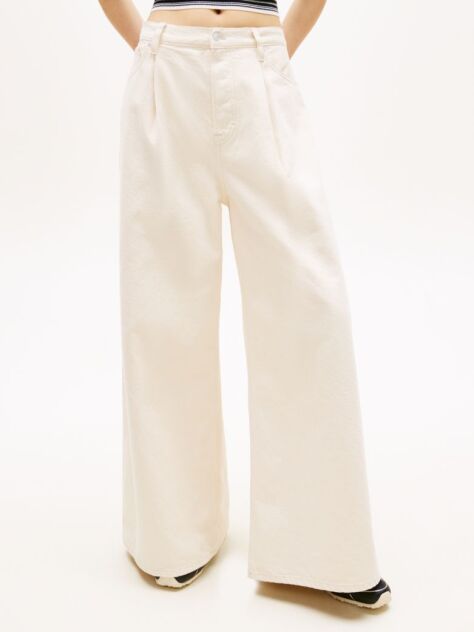 Denim Pleated Mid Rise Loose Straight Leg Jeans  Women