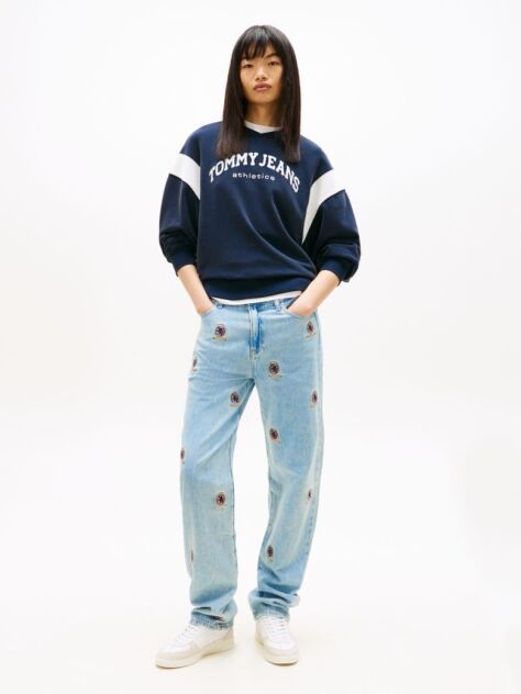 Denim Embroidery Mid Rise Slim Straight Leg Jeans  Women