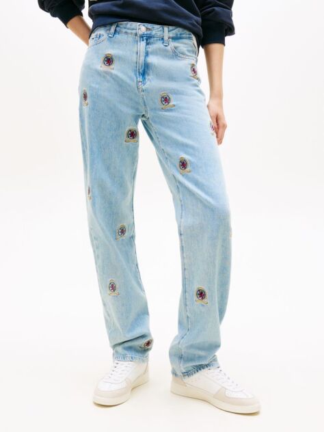 Denim Embroidery Mid Rise Slim Straight Leg Jeans  Women