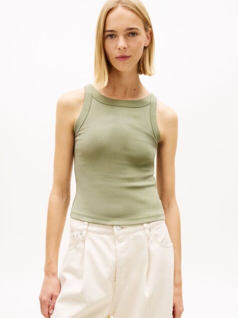 Green Ribbed Tonal Logo Slim Tank Top  Women