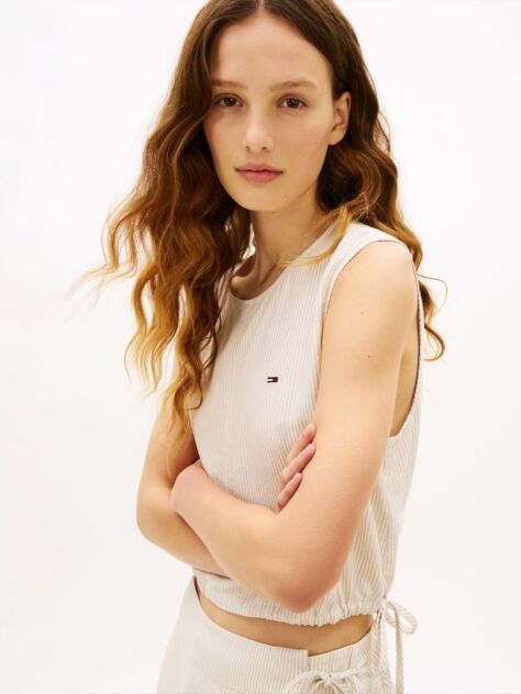 Beige Side Tie Linen Blend Sleeveless Blouse  Women