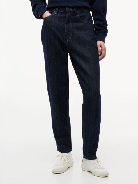 Denim Ultra High Rise Tapered Mom Jeans With Linen  Women