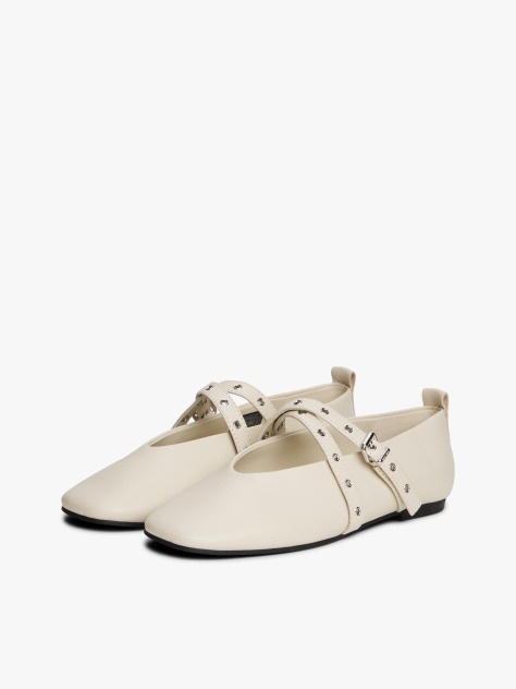 Beige Leather Crossover Strap Mary Jane  Women