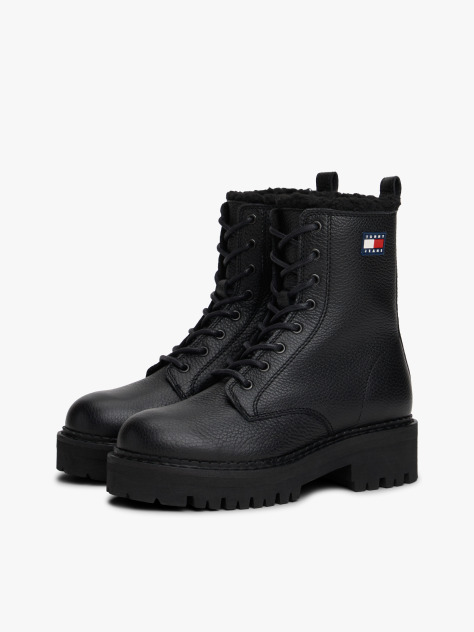 Black Leather Warm Lined Cleat Mid Boots  Women