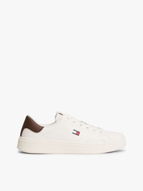Beige Debossed Logo Cupsole Trainers With Leather  Women