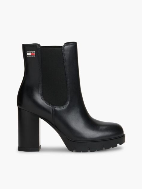 Black Leather High Block Heel Chelsea Boots  Women