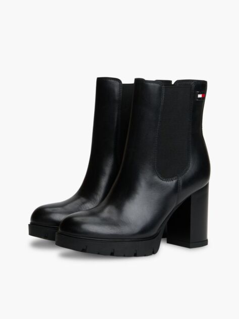 Black Leather High Block Heel Chelsea Boots  Women