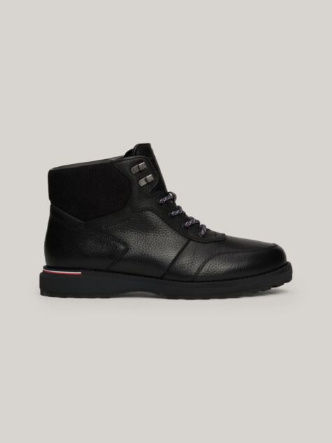 Black Warm Lined Leather Cleat Lace-Up Boots  Men