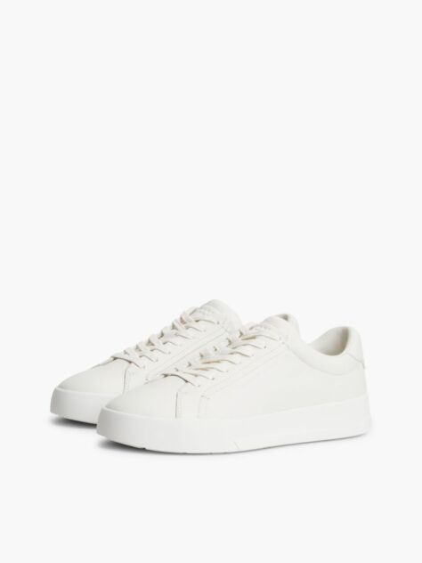 Beige Leather Textured Court Trainers  Men