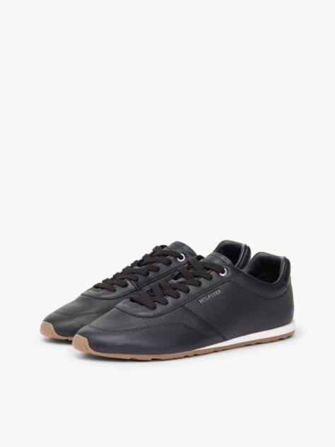 Black Low Profile Logo Leather Trainers  Men