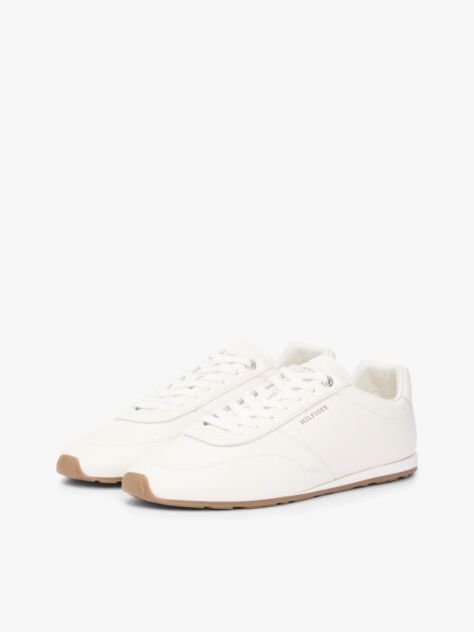 Beige Low Profile Logo Leather Trainers  Men