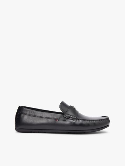 Black Flag Plaque Leather Driver Shoes  Men