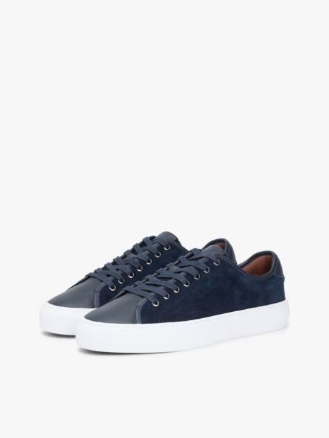 Blue Leather Mixed Texture Court Trainers  Men
