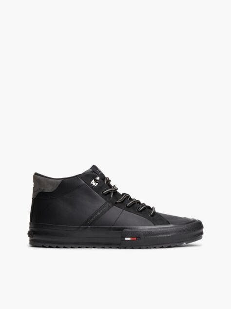 Black Leather Serrated Mid-Top Sneakers  Men