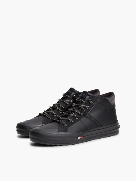 Black Leather Serrated Mid-Top Sneakers  Men