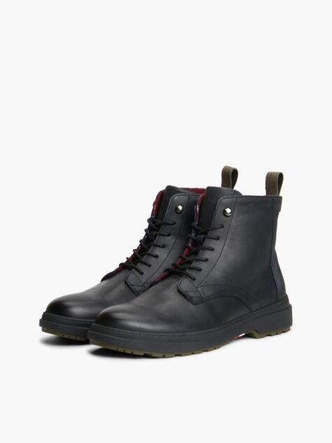 Black Outdoor Leather Warm Lined Ankle Boots  Men