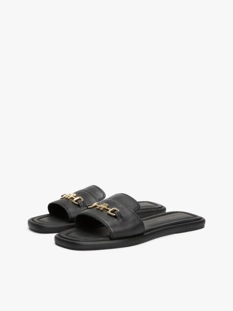 Black Leather Horsebit Mules  Women
