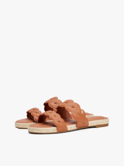 Brown Leather Embossed Espadrille Mules  Women