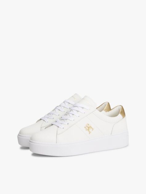 White Leather Platform Court Trainers  Women