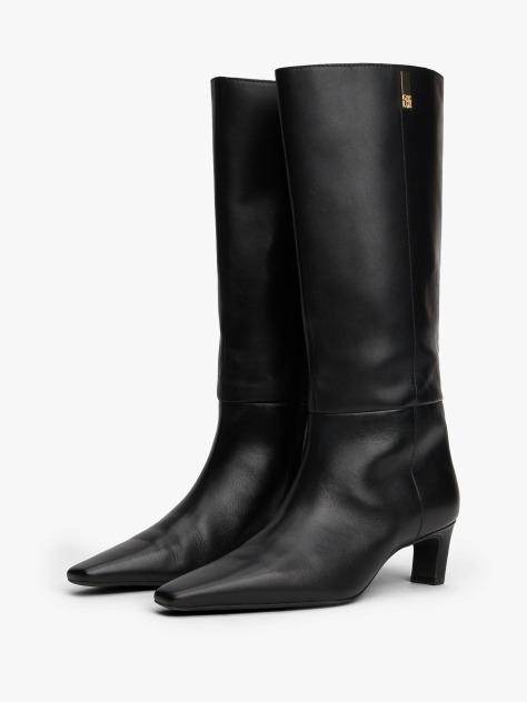 Black Leather Square Toe Kitten Heel Boots  Women