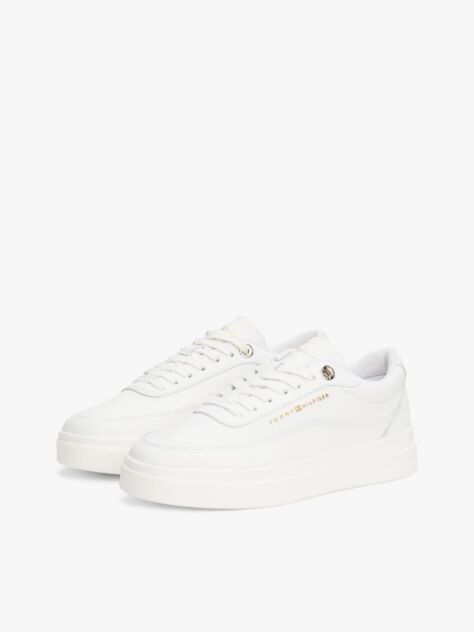 White Leather Platform Court Trainers  Women