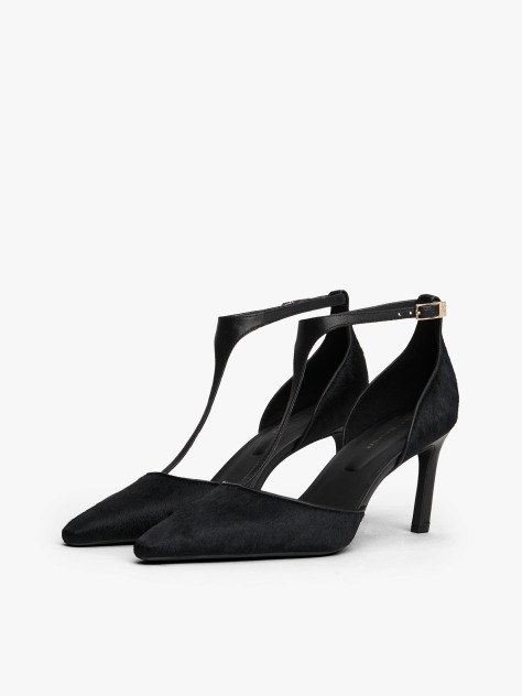 Black T-Bar Ankle Strap Stiletto Heels  Women