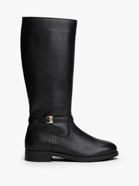 Black Leather TH Monogram Buckle Riding Boots  Women