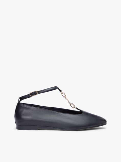 Black Leather T-Bar Chain Ballerinas  Women