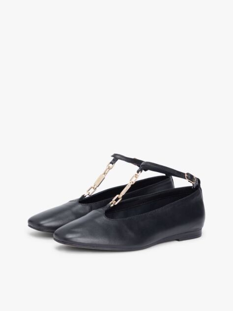 Black Leather T-Bar Chain Ballerinas  Women