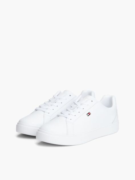 White Enamel Flag Leather Court Sneakers  Women