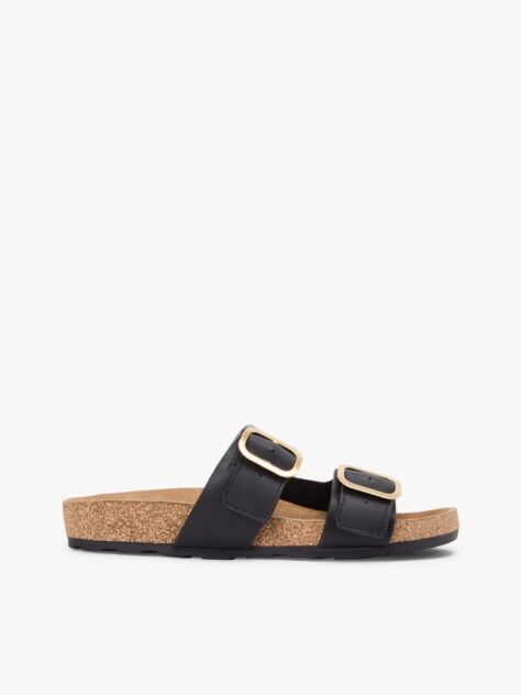Black Leather Double Strap Cork Sandals  Women