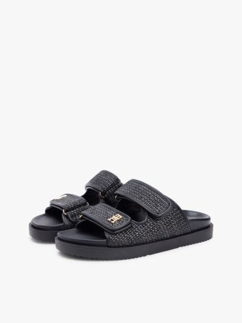 Black Raffia TH Monogram Double Strap Sandals  Women