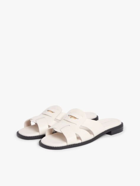 Beige Leather Crest Square Toe Sandals  Women