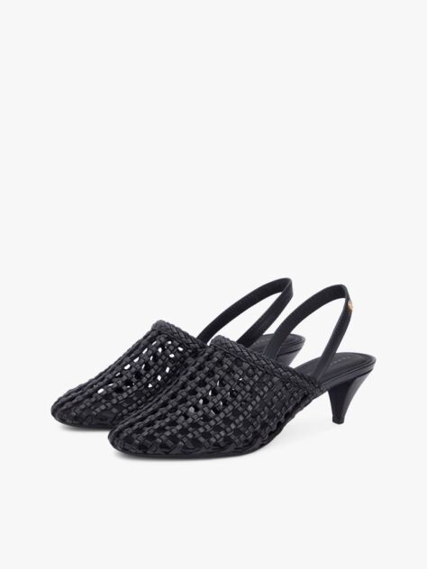 Black Woven Pointed Toe Slingback Heels  Women