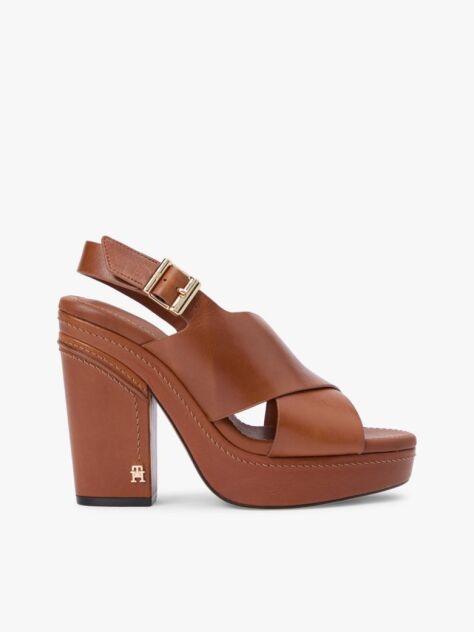 Brown Leather Crossover Strap Block Heel Sandals  Women