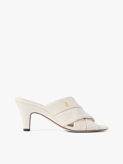 Beige Leather Crossover Strap Heeled Mules  Women