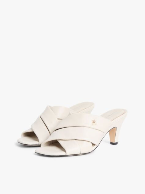 Beige Leather Crossover Strap Heeled Mules  Women