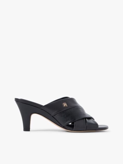 Black Leather Crossover Strap Heeled Mules  Women