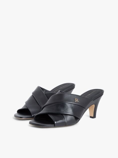 Black Leather Crossover Strap Heeled Mules  Women