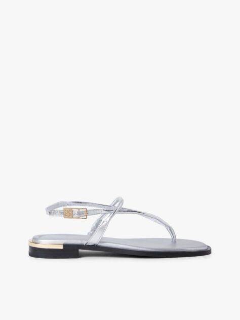 Silver Metallic Leather Toe Post Flat Sandals  Women