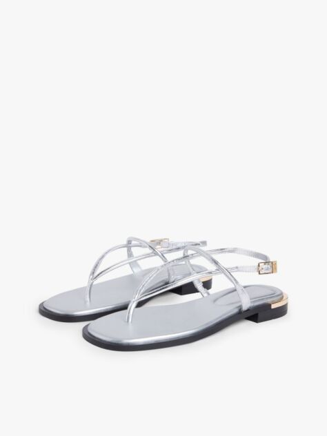 Silver Metallic Leather Toe Post Flat Sandals  Women