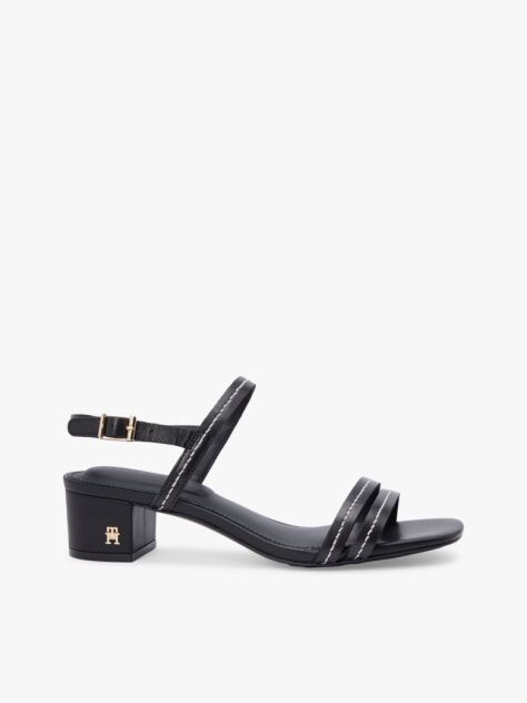 Black Leather Contrast Topstitch Block Heel Sandals  Women