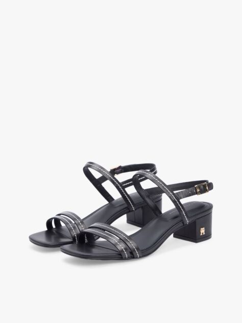 Black Leather Contrast Topstitch Block Heel Sandals  Women