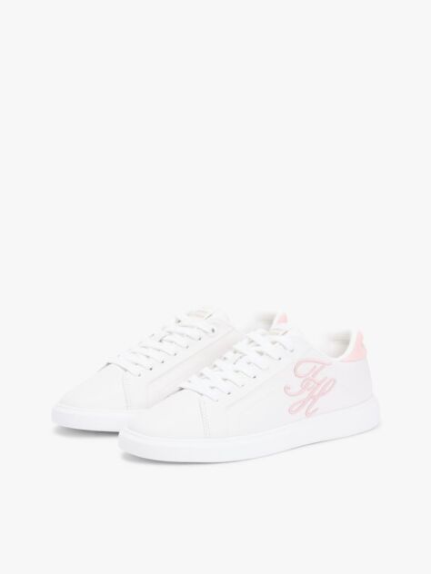 White Hilfiger Icon Leather Logo Embroidery Court Trainers  Women