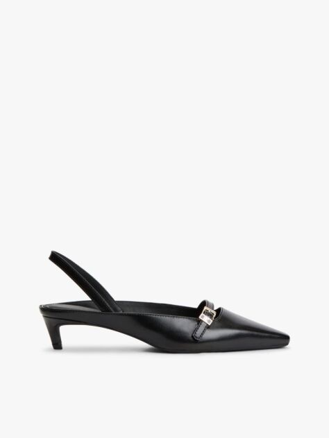 Black Leather Kitten Heel Slingbacks  Women