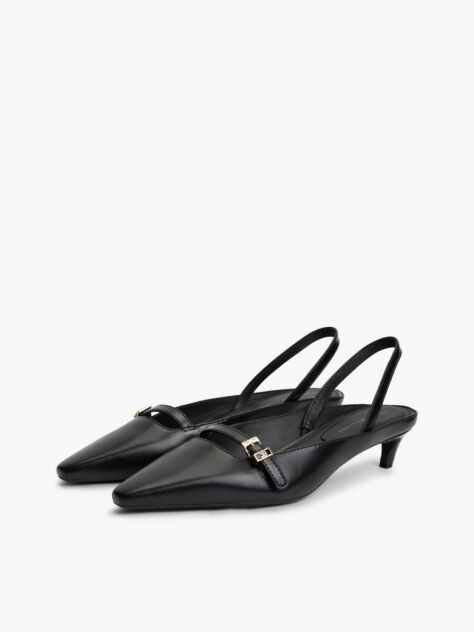 Black Leather Kitten Heel Slingbacks  Women