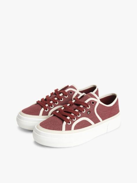Red Contrast Piping Canvas Platform Trainers  Women