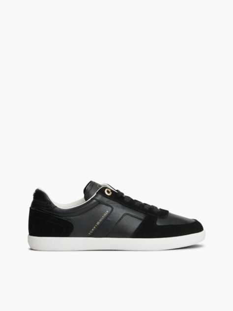 Black Leather Mixed Texture Enamel Flag Sneakers  Women