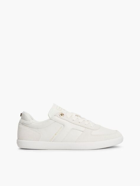 Beige Leather Mixed Texture Enamel Flag Sneakers  Women