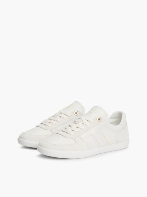 Beige Leather Mixed Texture Enamel Flag Sneakers  Women